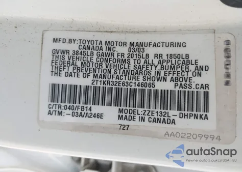 2003 Toyota Matrix Xr из США, поврежденный, VIN 2T1KR32E63C146065